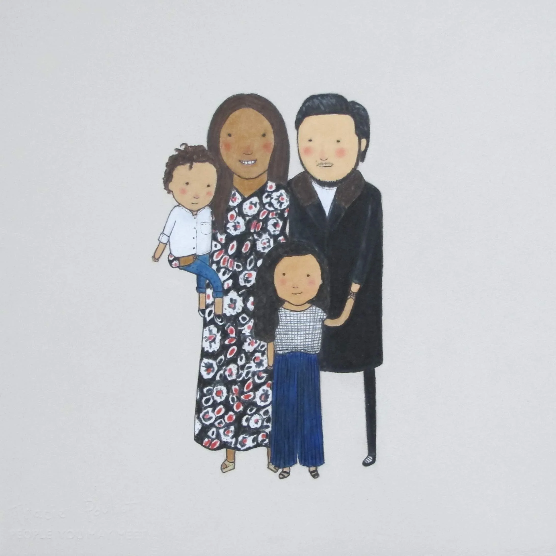 hand drawn portrait of family of 4