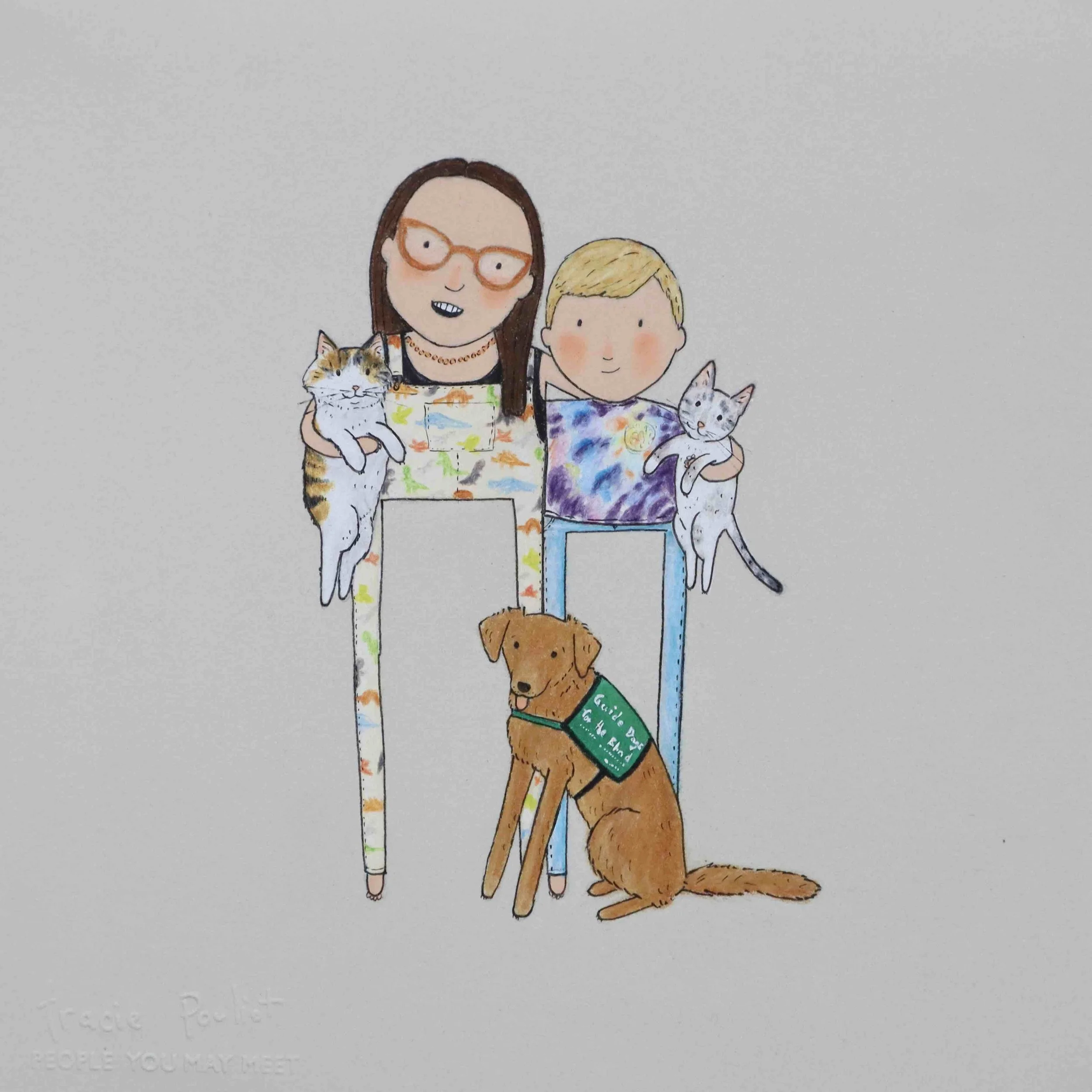 mom and son with pets and fun patterned clothing