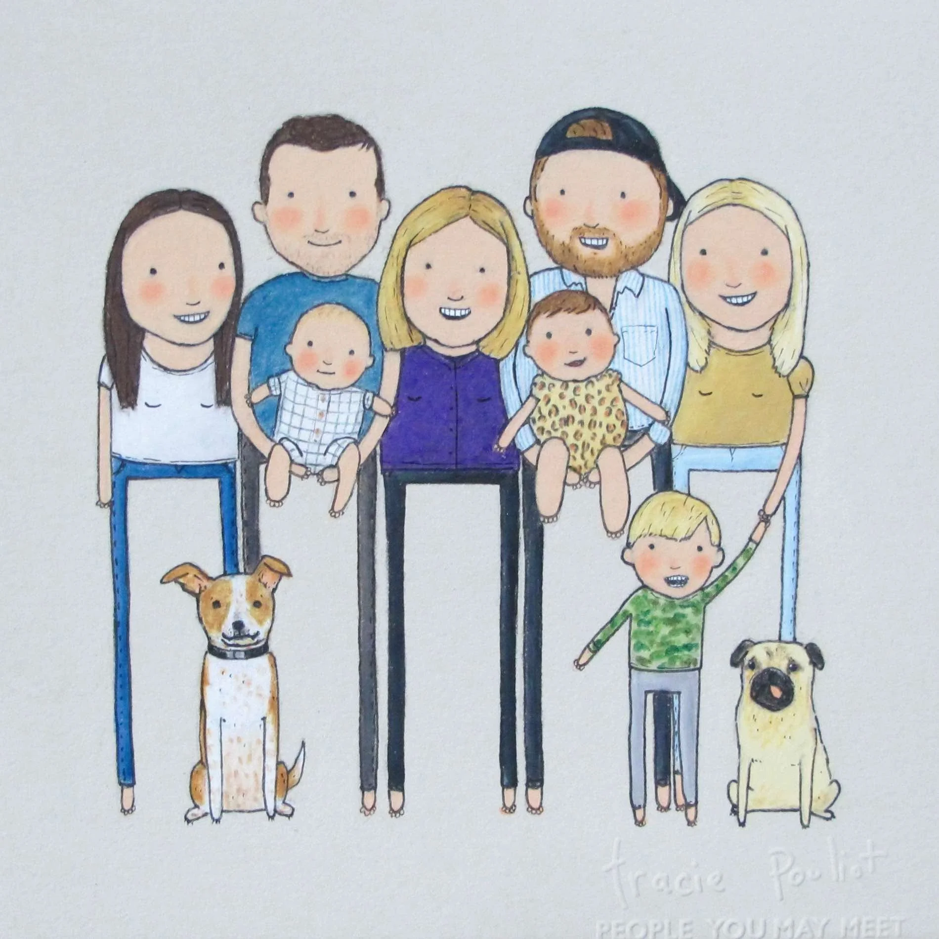 portrait of mom with her two sons, their wives and grandkids and grand-dogs