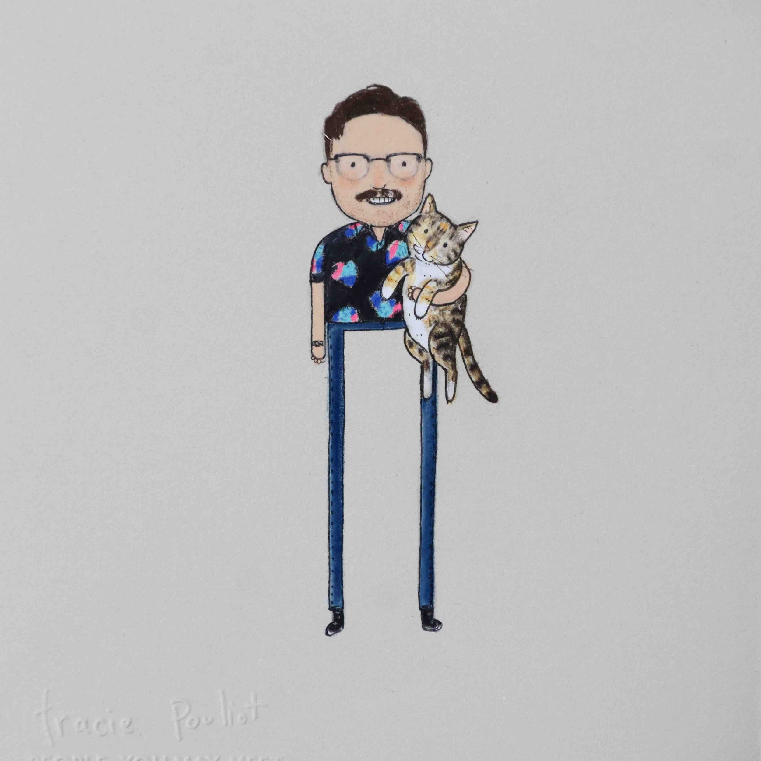hand drawn portrait of guy with mustache, cat, and fun 1980s shirt