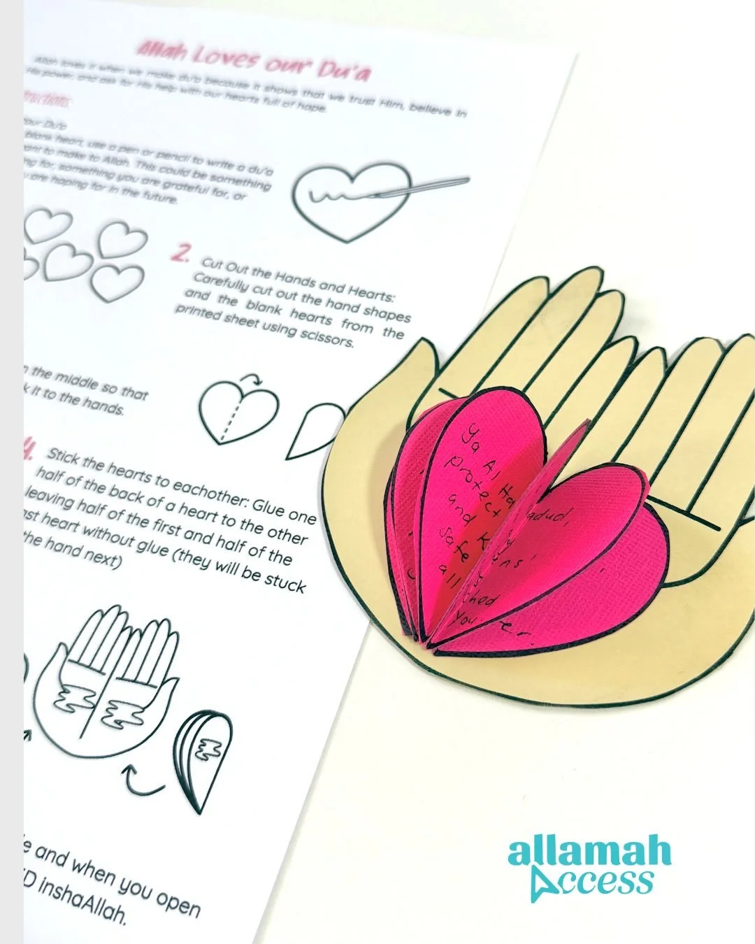 One of our beautiful resources available through Allamah Access is this Allah Loves Our Du&lsquo;a activity.

Each heart is filled with a du&lsquo;a written by your child, encouraging them to turn to Allah in their own words while learning the sunnah