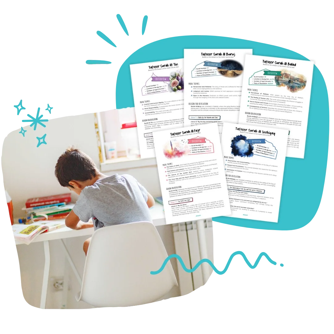 A young boy sitting at a white desk, reading a book, with educational papers and books in the background.