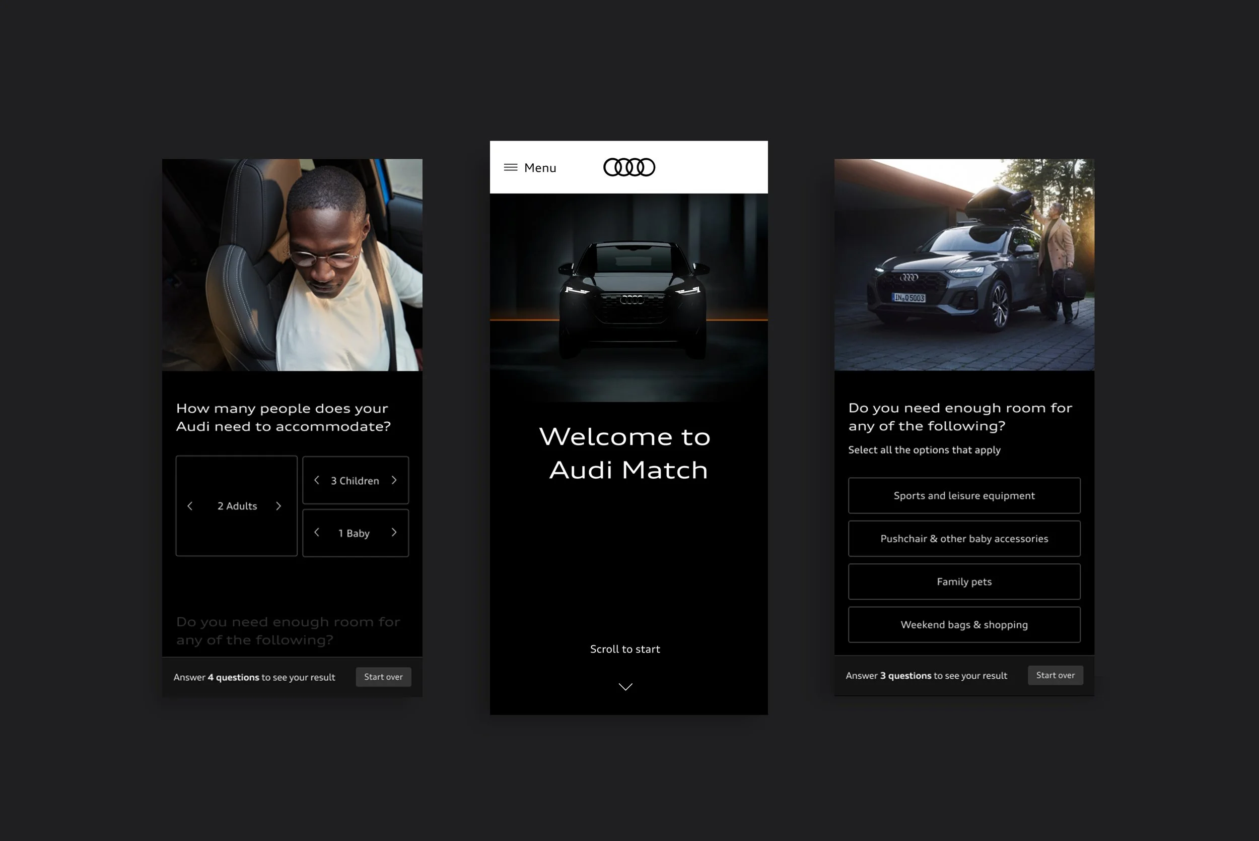 Audi Match was built to feel effortless from the moment you open it. We created dark and light modes that automatically align with the user’s own device settings, giving the tool a personalised feel straight away. The experience was fully designed fo