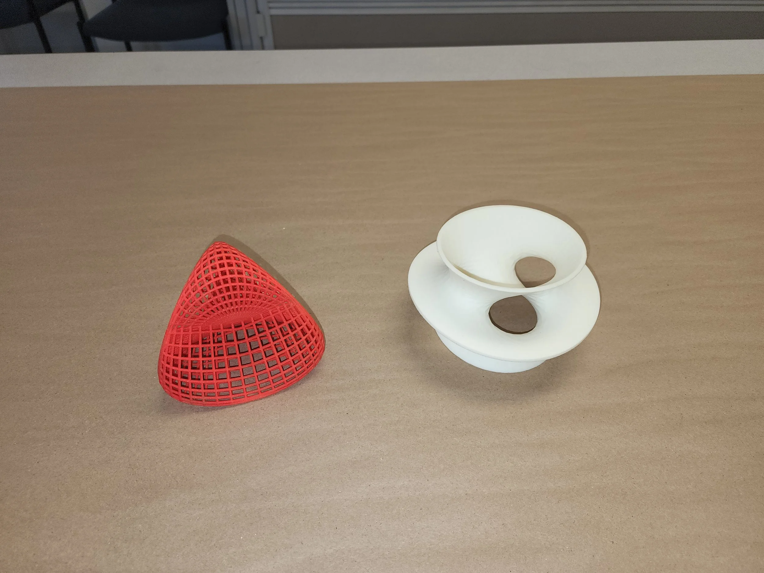Some 3d printed math objects - Steiner's Roman surface and the Costa surface.