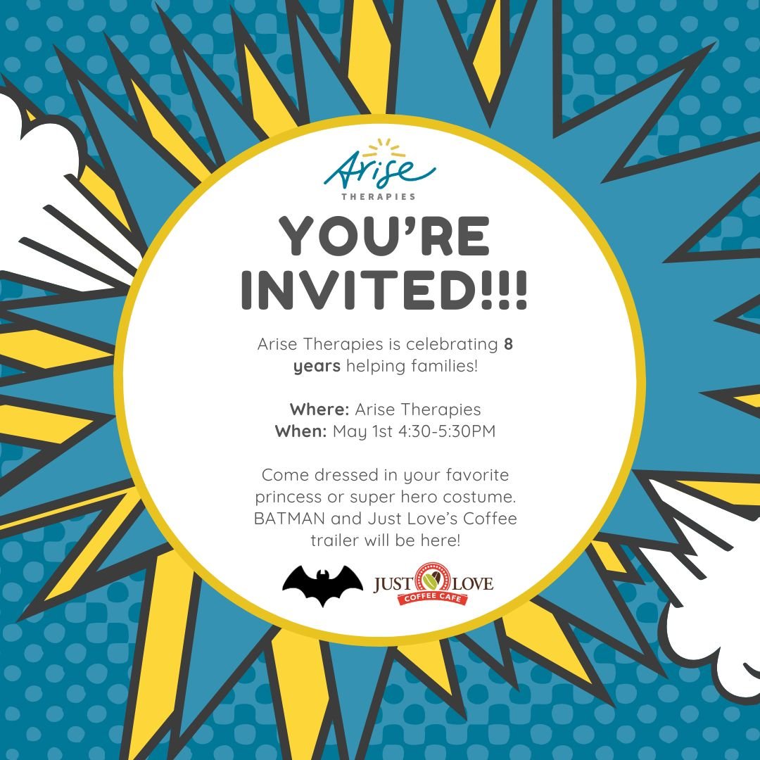 Let's party together as we celebrate our EIGHTH birthday at Arise Therapies! 🎉💙 Join us for an afternoon filled with excitement and joy! Get ready to strike a pose with Batman and don't forget to dress up as your favorite superhero or princess! Ind