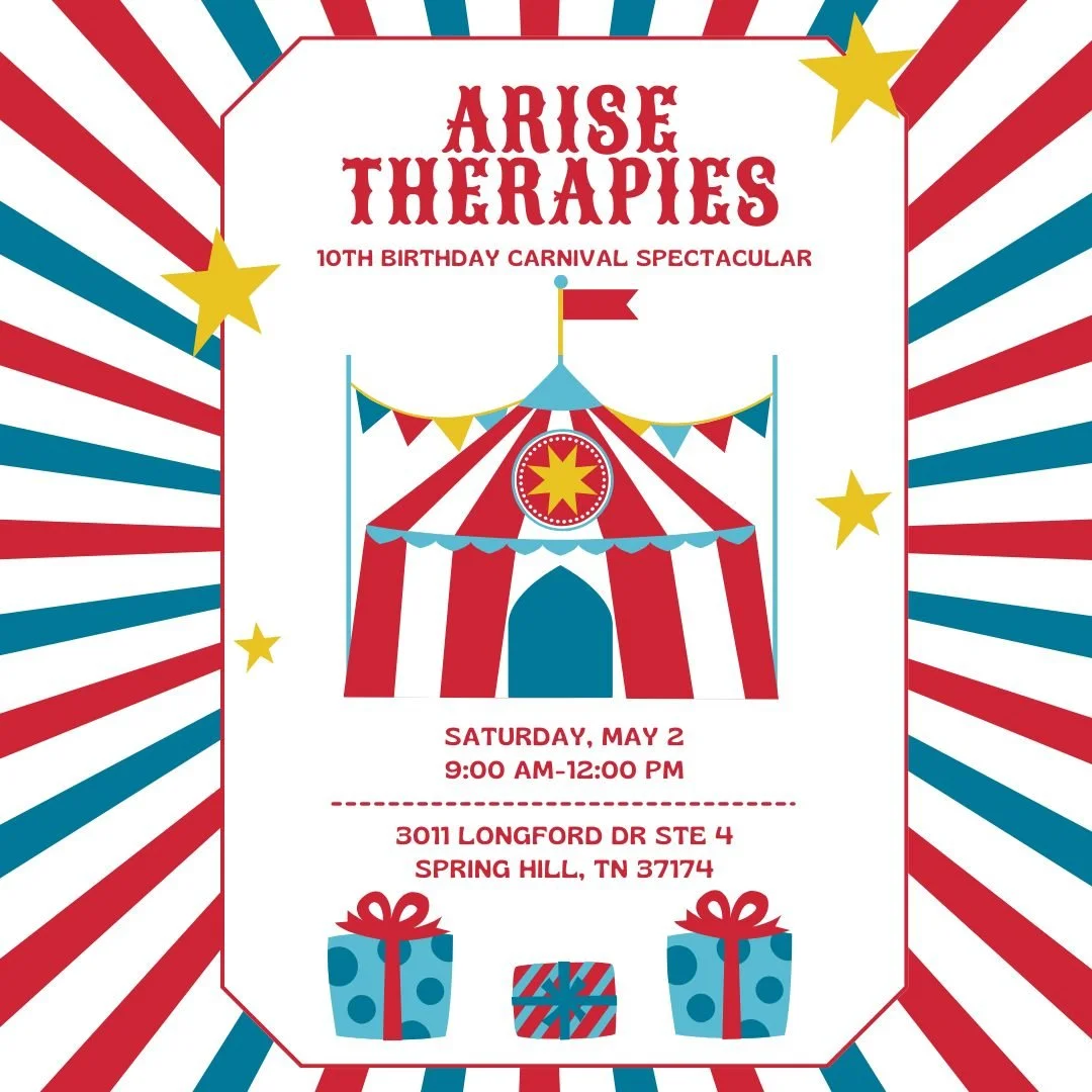 🎉 We&rsquo;re turning 10! 🎉
Come celebrate a decade of growth, connection, and memories with us at the Arise Therapies 10-Year Birthday Carnival! 🎈

📅 Saturday, May 2nd | ⏰ 9 AM &ndash; 12 PM | 📍 Spring Hill, TN

Popcorn, games, face painting, a