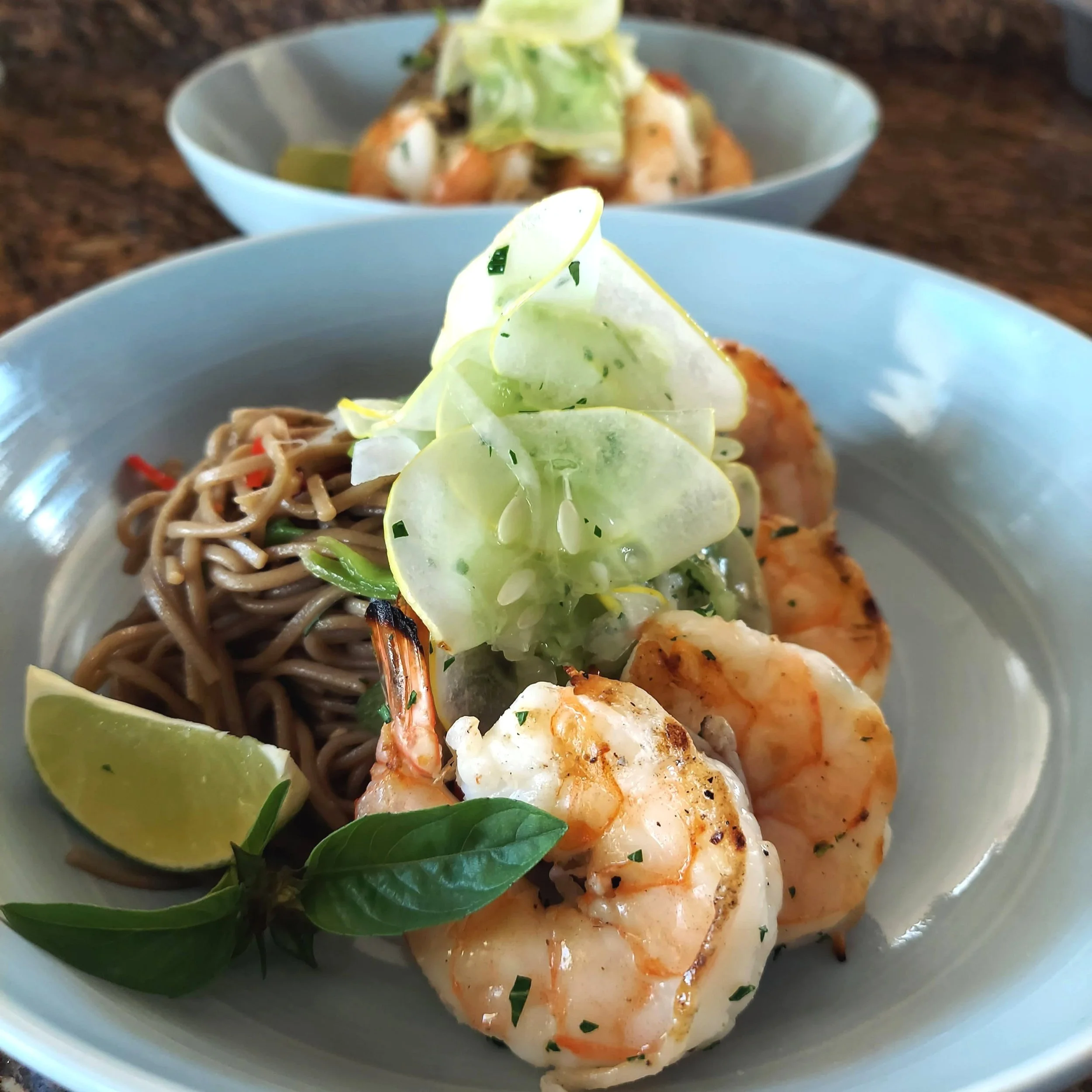 Soba Noodle Salad, grilled sesame shrimp, salt&pepper cucumbers, Thai basil