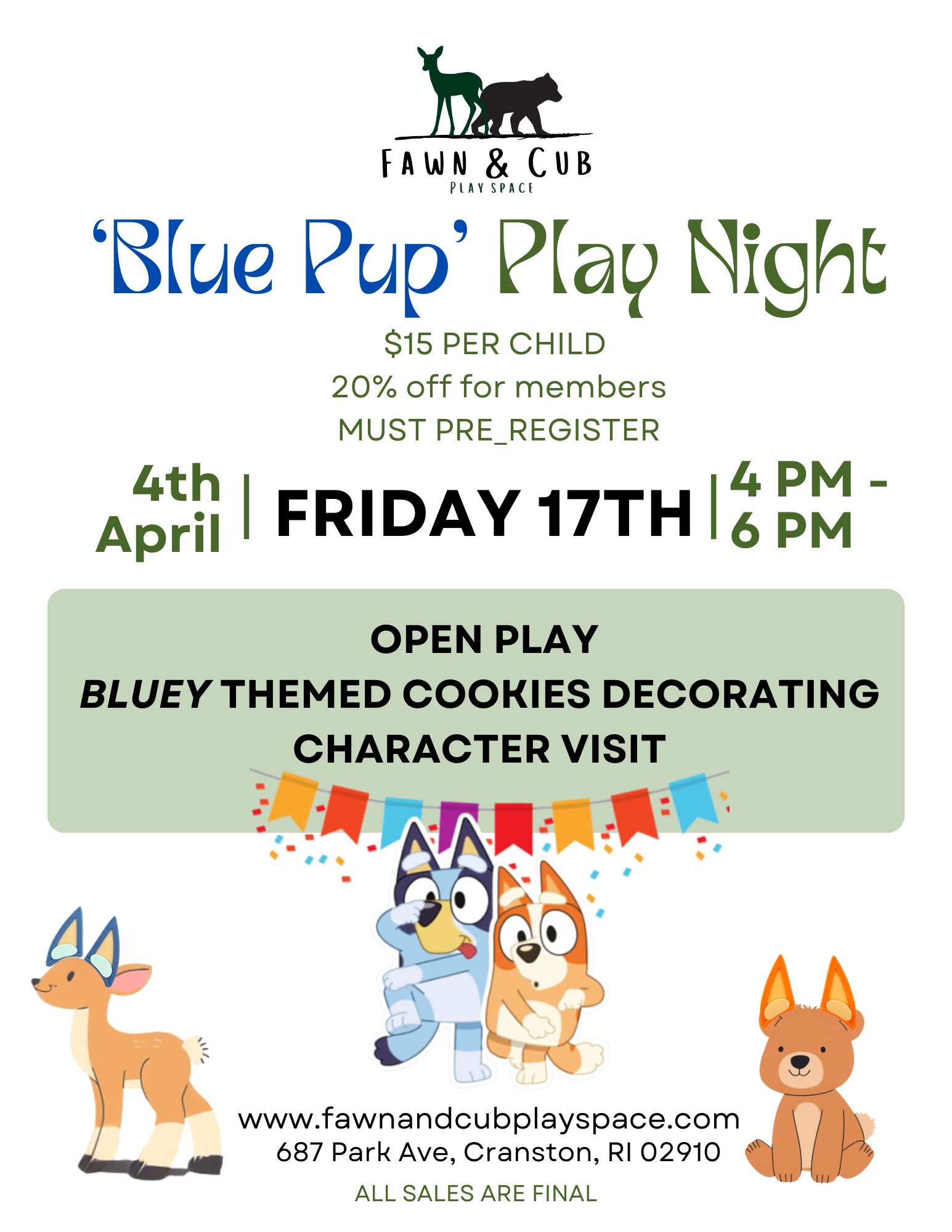 Wackadoo! Join us for 'Blue Pup' Play Night! 🐾

Is your little one obsessed with everyone’s favorite Australian Heeler family? Then grab your dancing shoes and get ready for a "For Real Life" adventure at Fawn & Cub Play Space!

We are hosting a mag