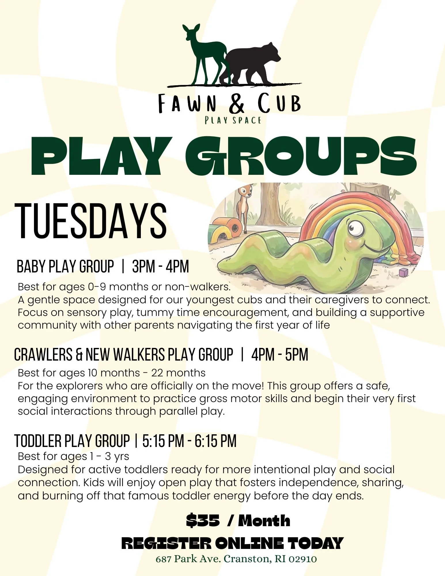 Tuesdays are for making new friends (for both you and your little ones!). Whether you have a tiny crawler or a busy toddler, we’ve created a space to connect, engage, and end the day with some quality play.

🗓️ Tuesdays
👶 Baby Group (0 - 9mo) : 3:0