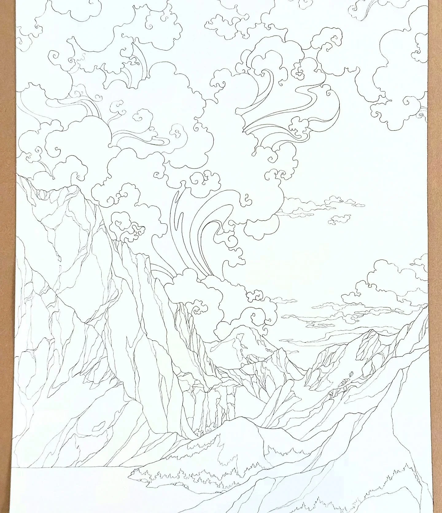 Fresh sketch waiting for some color! 
&bull;
&bull;
&bull;
&bull;
&bull;
#wip #sketch #linework #mountainscape #landscapeart  #imagination #somethingnewiscoming #outline #drawing #inkdrawing #cloudscapes