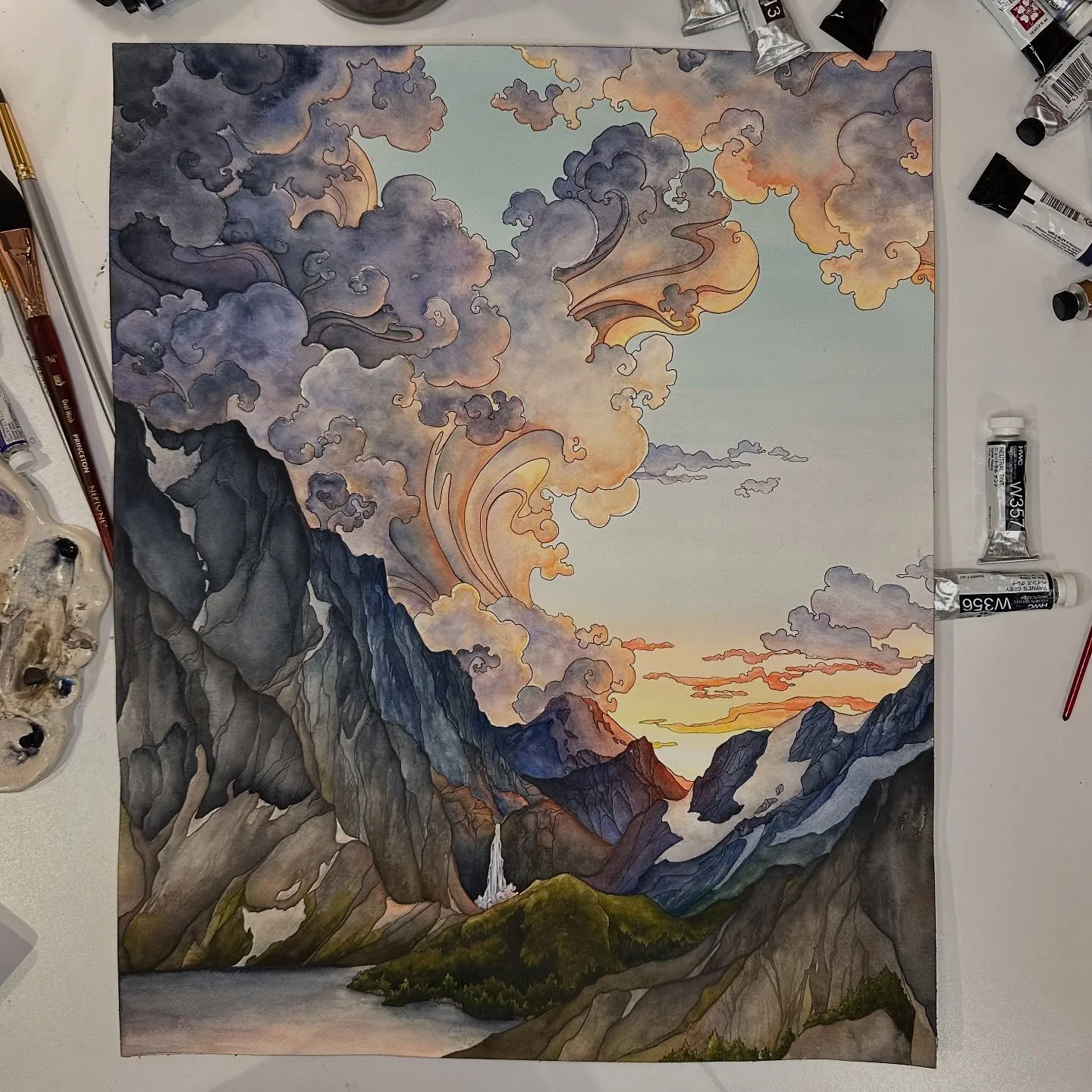 Complete! Trying to create an imaginary scene with this dramatic sunset light was a challenge in so many ways, but I did my best. What do you think? 
&bull;
&bull;
&bull;
&bull;
&bull;
#landscapepainting #watercolorart #newpainting #mountainart #clou