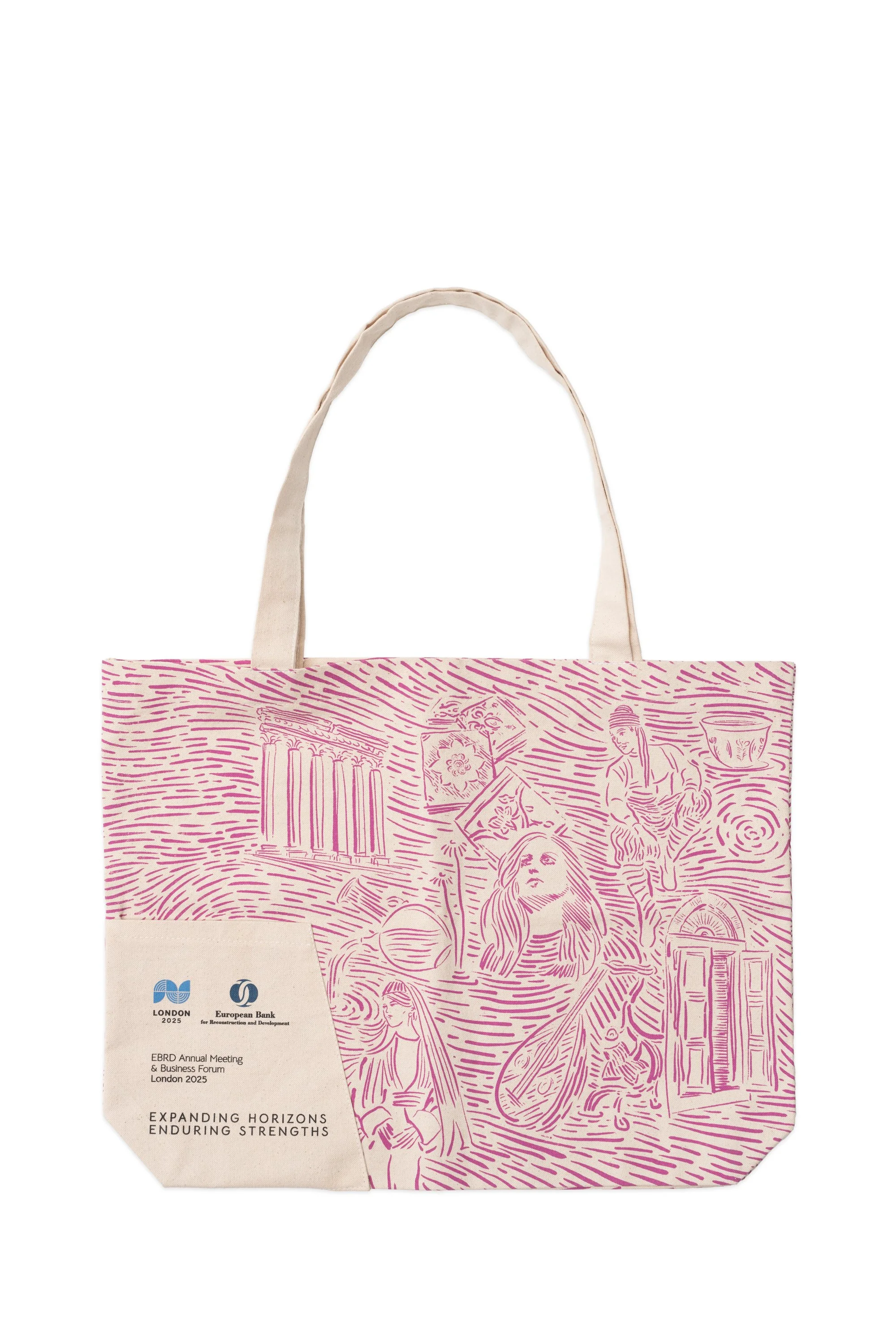 CSB facilitated the design and production of custom tote bag for the European Bank for Reconstruction and Development (EBRD) Annual Meeting and Business Forum, London 2025. The canvas totes were illustrated by alumnus Ahmad Amer. 