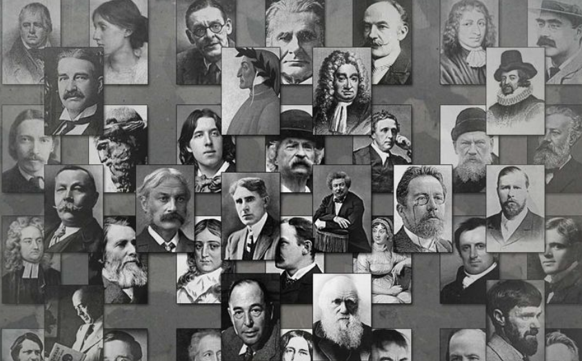 Collage of black and white portraits of historical figures, arranged in a mosaic style.