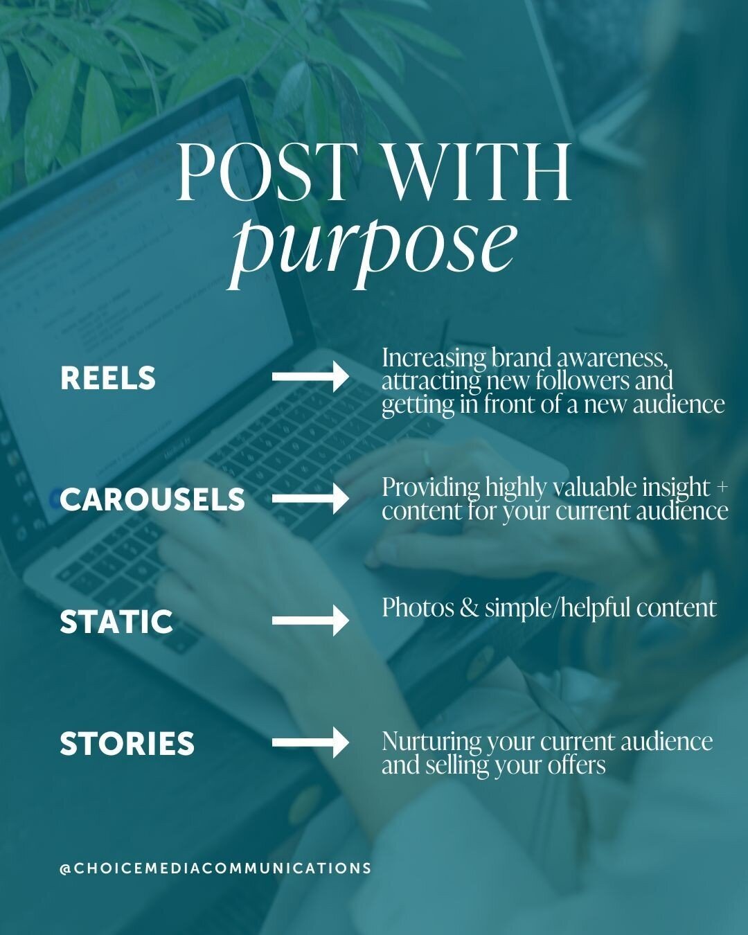 It&rsquo;s time for you to start posting with purpose. ⁠
⁠
Not sure how to do that? We can help. ⁠
⁠
Start with understanding what each type of content is typically used for, and then apply it to your goals for your online community. ⁠
⁠
Have more qu