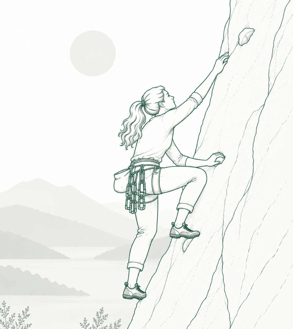Showing a climbing woman trying to reach a hold far away.