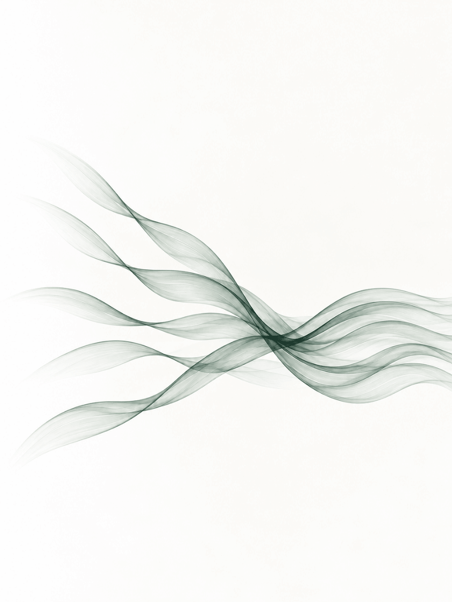 Five soft green ribbons meet in the centre and continue side by side as one calm wave.