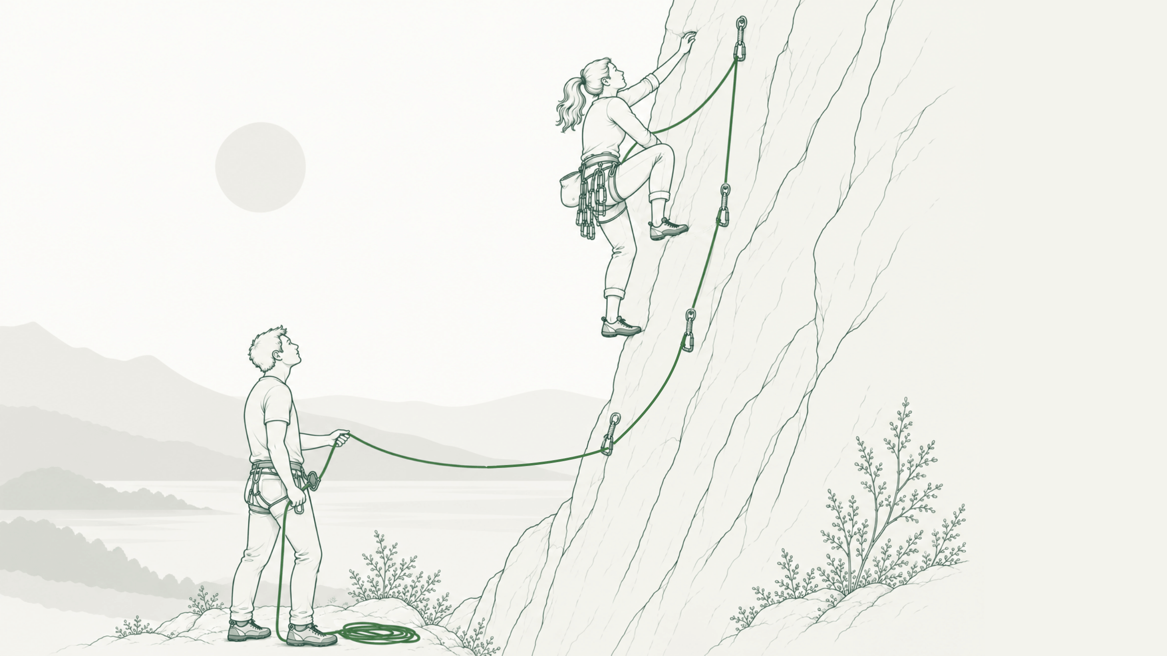 A climber ascends a rock face while her partner belays from below, holding the rope.