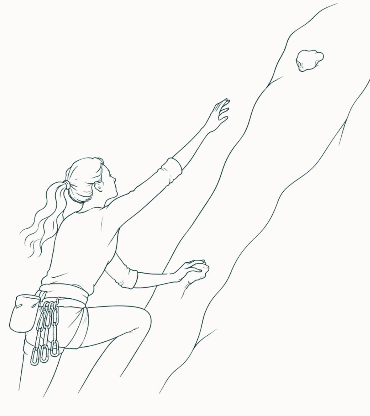 A climber reaches upward for the next hold on a steep rock face.