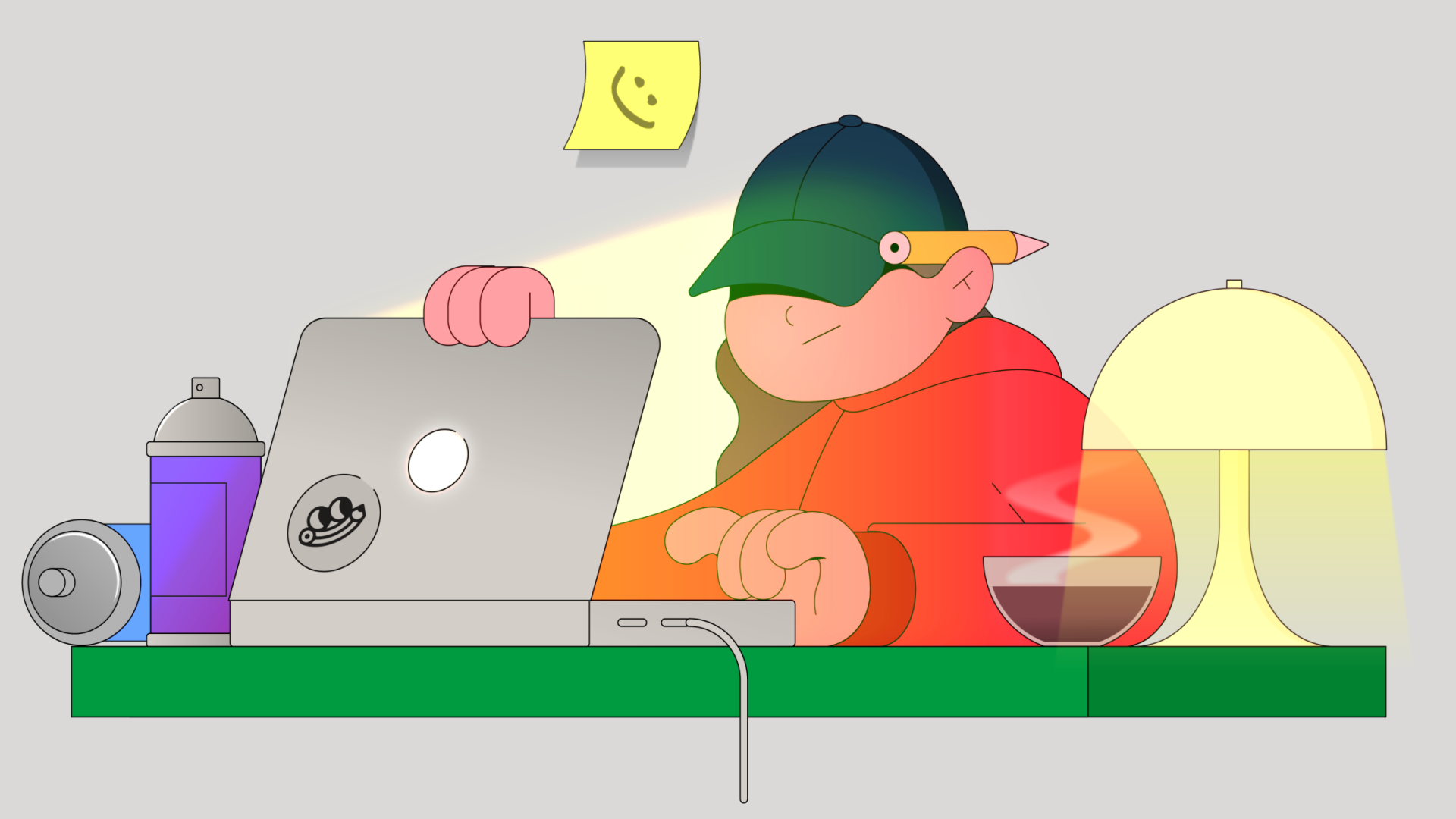 Illustratie van een knaap met een groene pet en een oranje hoodie die achter een laptop zit, met een glimlach op zijn gezicht. Op de tafel staan een blikje, een blik en een kopje koffie, terwijl er een lamp en een briefje met een lachende gezichtsuitdrukking op de muur hangen.
