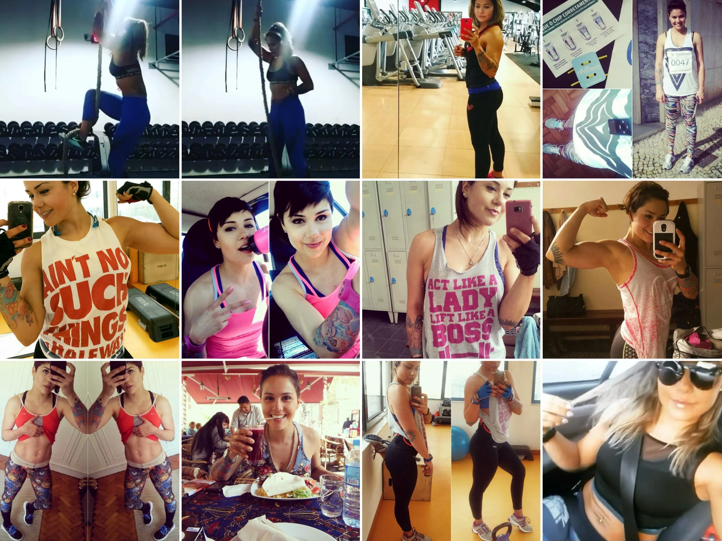 Collage of women in fitness environments including gym workouts, weightlifting, taking selfies, and enjoying meals, showcasing active and healthy lifestyles.