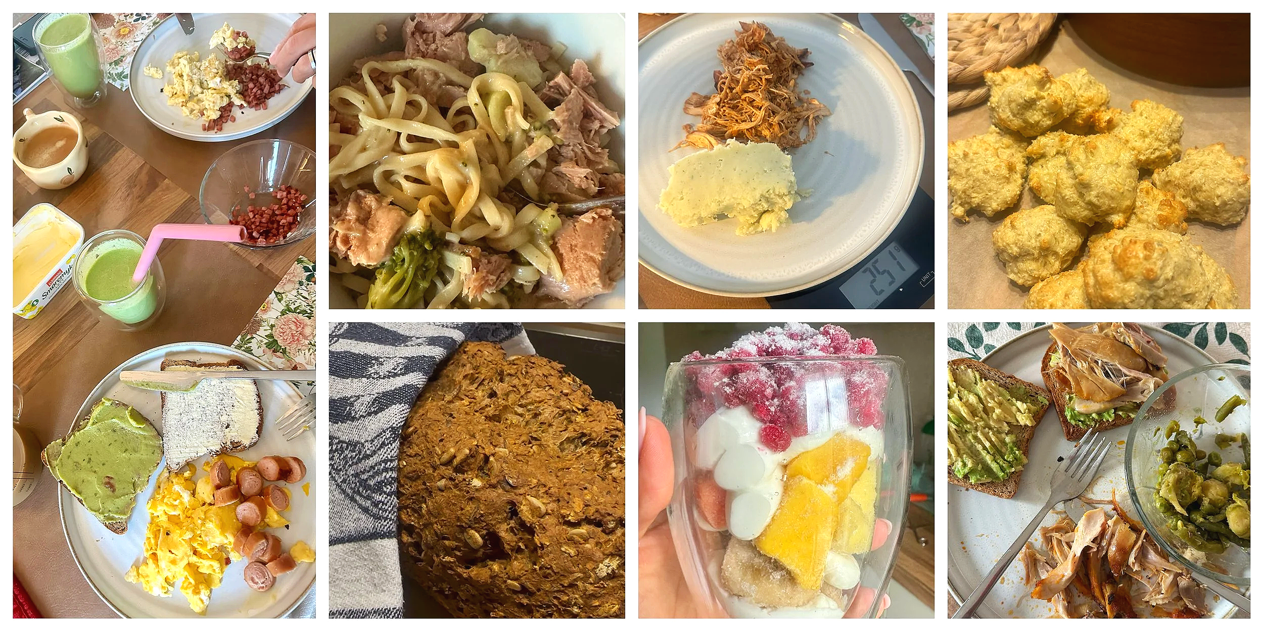 A collage of food items including breakfast, lunch, dinner, and desserts, such as scrambled eggs with bacon bits, pasta with tuna, shredded meat with mashed potatoes, baked chicken pieces, slices of bread with avocado, a cake, a fruit parfait, and various side dishes and beverages