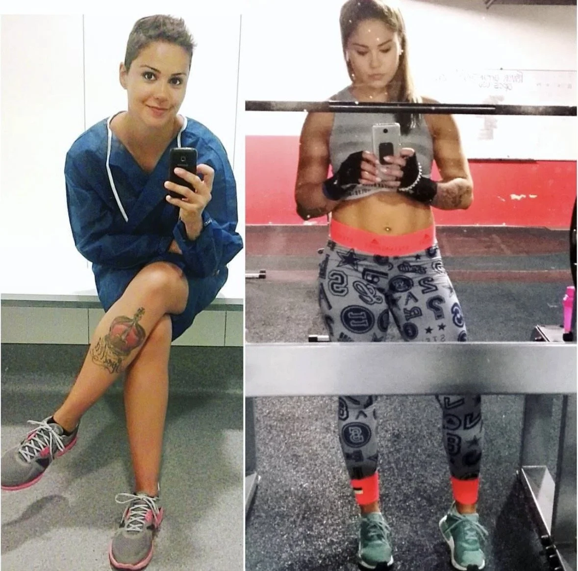 Side-by-side mirror selfies of two women. The woman on the left, wearing a blue jacket and sneakers, is seated with one leg crossed over the other, showing a colorful tattoo on her lower leg. The woman on the right, wearing workout leggings and sneakers, is standing in a gym, showing a toned midsection with tattoos on her arms.
