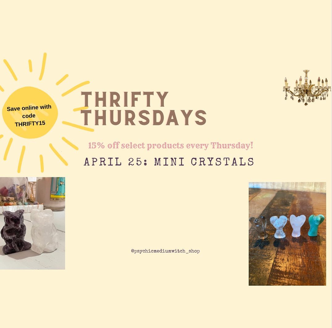 It&rsquo;s Thrifty Thursday here at the shop!

That means you will get 15% off of our mini crystals today only in person or online.

If you purchase online make sure to use code THRIFTY15 at checkout to get your discount!

#healingcrystals #crystalsa