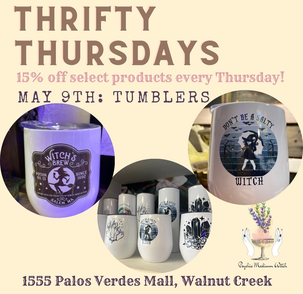 Every Thursday is Thrifty Thursday here @psychicmediumwitch_shop 

That means today only get 15% off all tumblers online or in person.

Use code THRIFTY15 at checkout when ordering online.

Which tumbler is your favorite?

#witchyshop #witchshop #wit