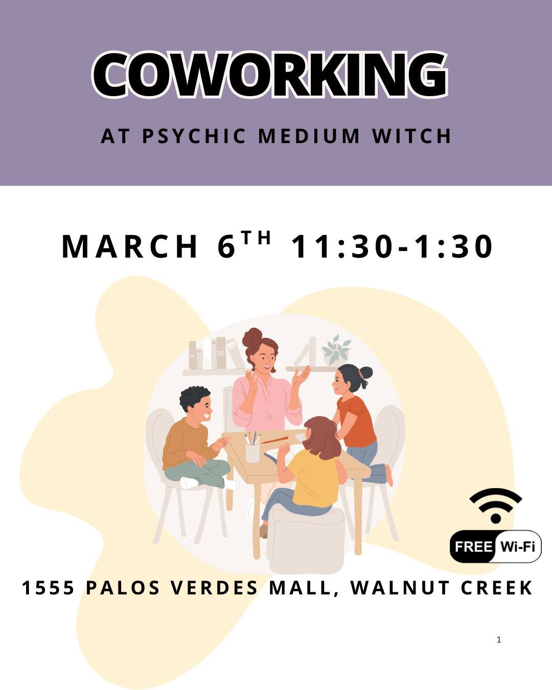 FREE Community coworking &amp; WiFi! 🛜💻

Join us March 6th from 11:30am-1:30pm. �
Enjoy free wifi and community connection! 💻 📋👨🏽&zwj;💻👩🏻&zwj;💻🌐

Come hang, use our free community wifi, and cowork with us!! 💻📱👩🏻&zwj;💻🧑🏼&zwj;💻📝

📍