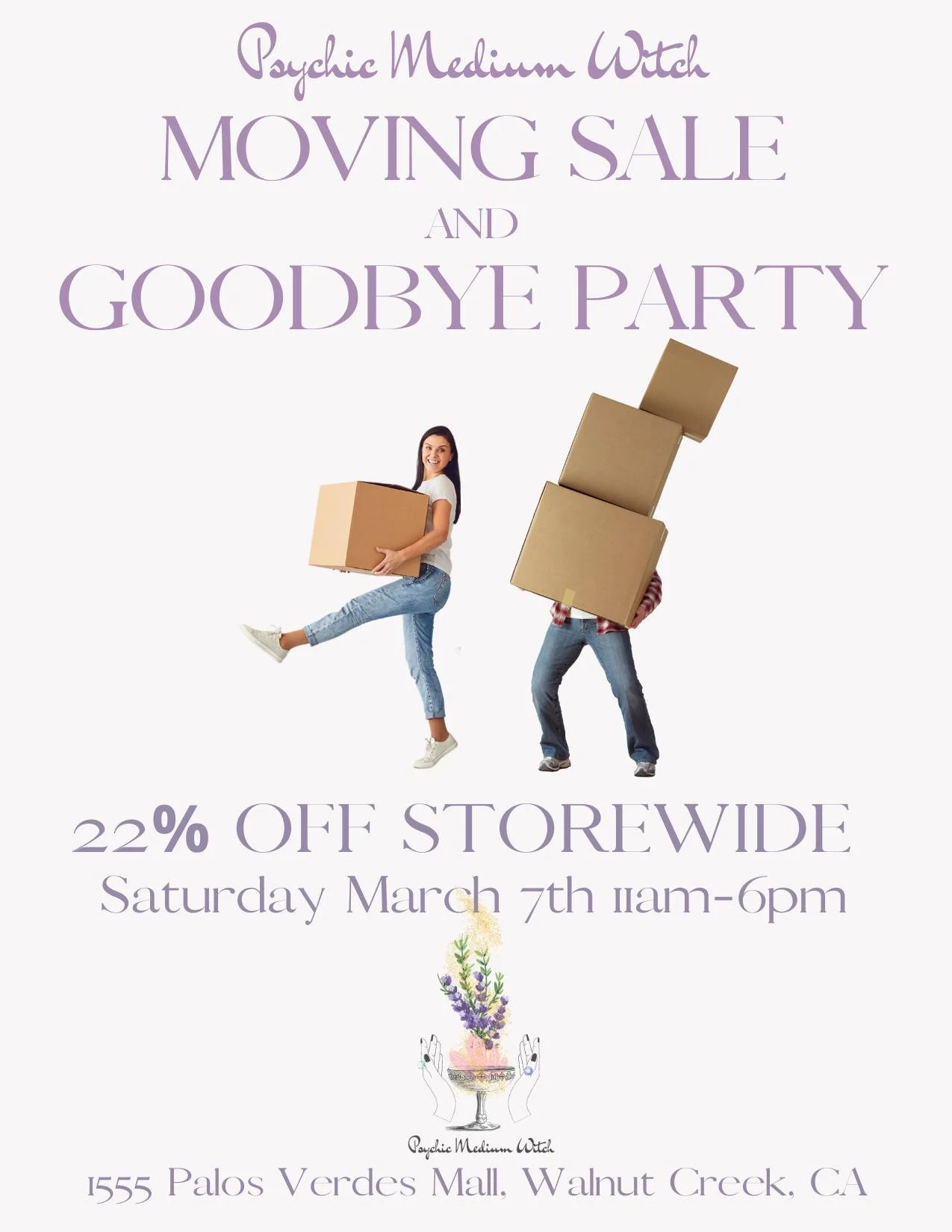 Join us for our moving sale and goodbye party! 🎉 🛍️ 

22% off storewide!! 💰

SAVE THE DATE!! 📅 Next Saturday, March 7th 11am-6pm 

@psychicmediumwitch_shop 

#witchshop #closingdeals #movingsale #goodbyeparty #walnutcreek