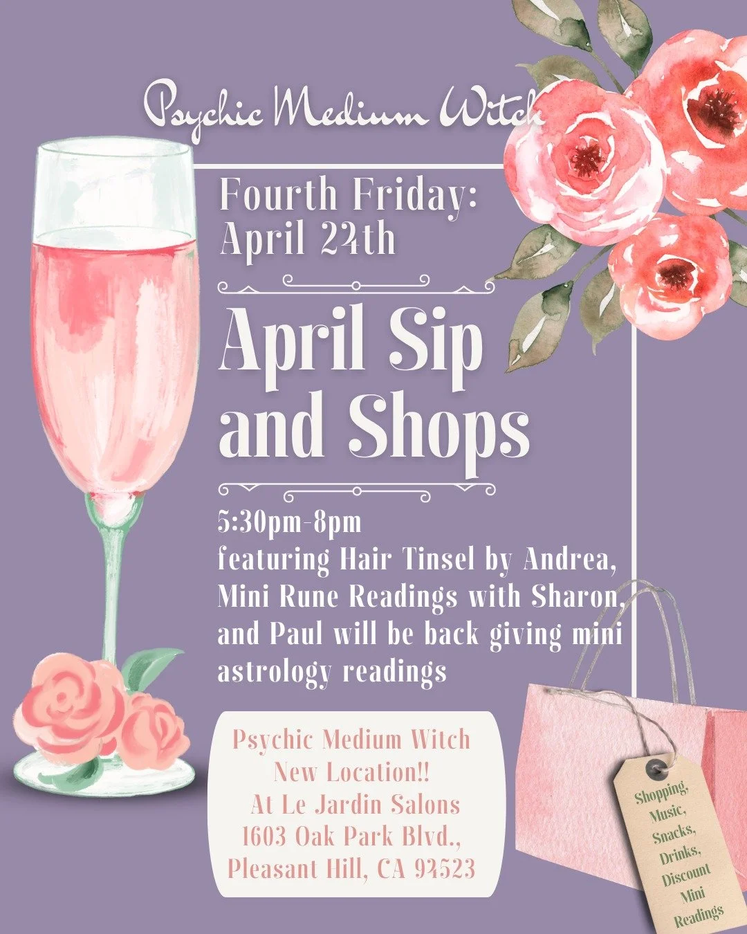 📆 Friday, April 24th is our Second Sip and Shop at our new space!! 🥂🛍️✨ We will host Sip and Shops twice per month every month on 2nd and 4th Fridays!! 

Outside of shopping online and shopping by appointment, this will be one of the main ways to 