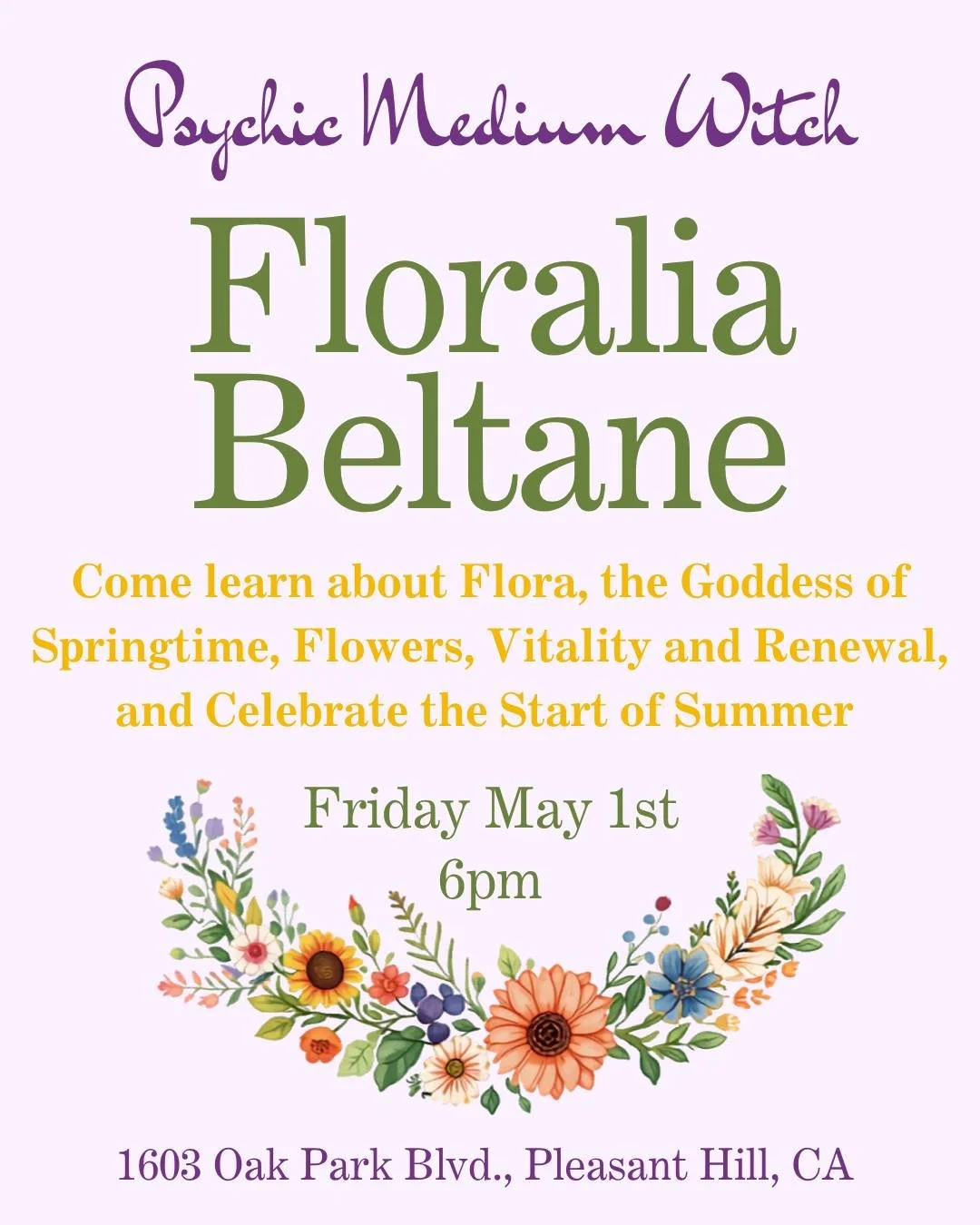 Join Leigh Ann on the Full Moon on Friday, May 1st to celebrate Floralia, the traditional Roman holiday honoring Flora, the goddess of spring and flowers. 💐 

I invite you to wear colorful clothing, adorn yourself and decorate with flowers, as we wi