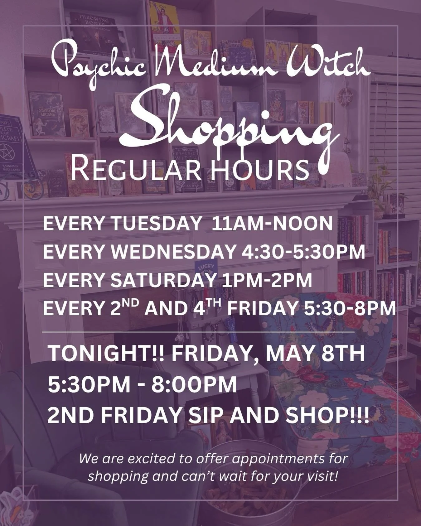 Did you know we hold regular hours every week?!?!

Set your reminders and come over to shop!! 🛍️✨

RSVPs and Appointments help us plan, but Drop-Ins are welcome!! 💫🔮

@psychicmediumwitch_shop 

#witchshop #dropins #dropinswelcome #regularhours #pl