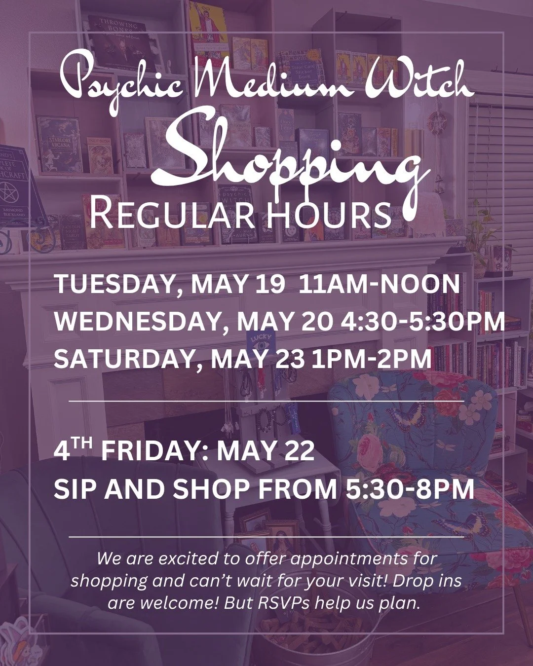 Set your reminders and come see us for shopping this week! 🛍️

✨ Tuesday, May 19 from 11am-noon
✨ Wednesday, May 20 from 4:30-5:30pm
✨ Saturday, May 23 from 1-2pm

And join us for our 4th Friday Sip and Shop from 5:30-8pm THIS Friday, May 22! 🛍️🥂
