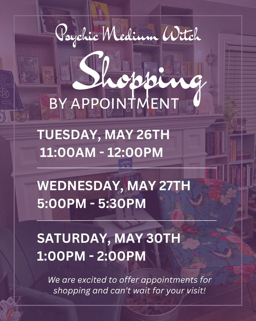 Set your reminders and come see us for shopping this week! 🛍️

✨ Tuesday from 11am-noon
✨ Wednesday from 5-5:30pm
✨ Saturday from 1-2pm

And join us for our 2nd and 4th Friday Sip and Shops from 5:30-8pm. 🛍️🥂

Drop ins are welcome! But RSVPs help 