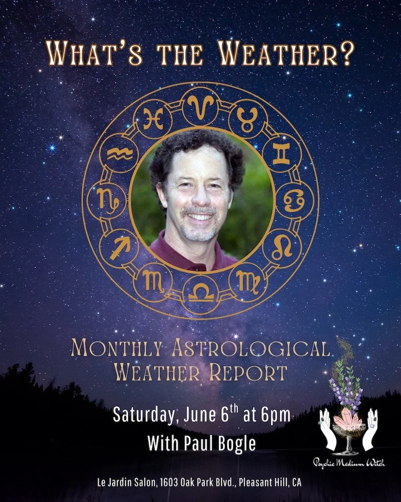 Join us this Saturday! 
🪐
Paul Bogle delivers the Monthly Astrological Weather Report!! 🔮🪐✨
Paul illuminates the meaningful motion of the planets and stars, which can help you align with the current astrological energies, understand your intuitive