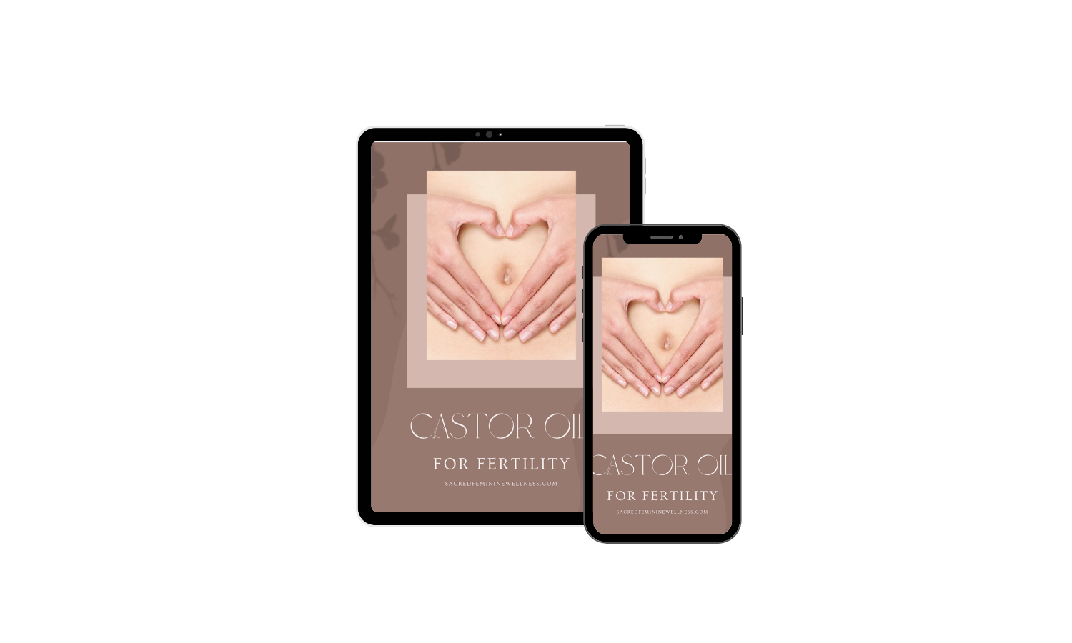 Digital advertisement for castor oil for fertility, showing a woman’s belly with hands forming a heart shape, displayed on a tablet and smartphone
