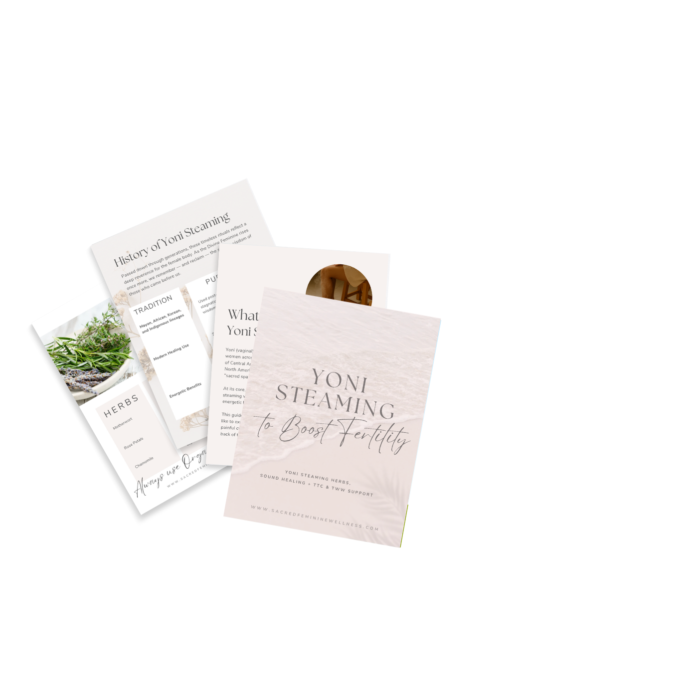 Brochure titled "Yoni Steaming to Boost Fertility" with herbal ingredients and informational pamphlets about Yoni steaming.