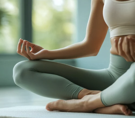 A person practicing yoga in a seated meditation pose with a focus on their midsection and crossed legs, outdoors in natural light.