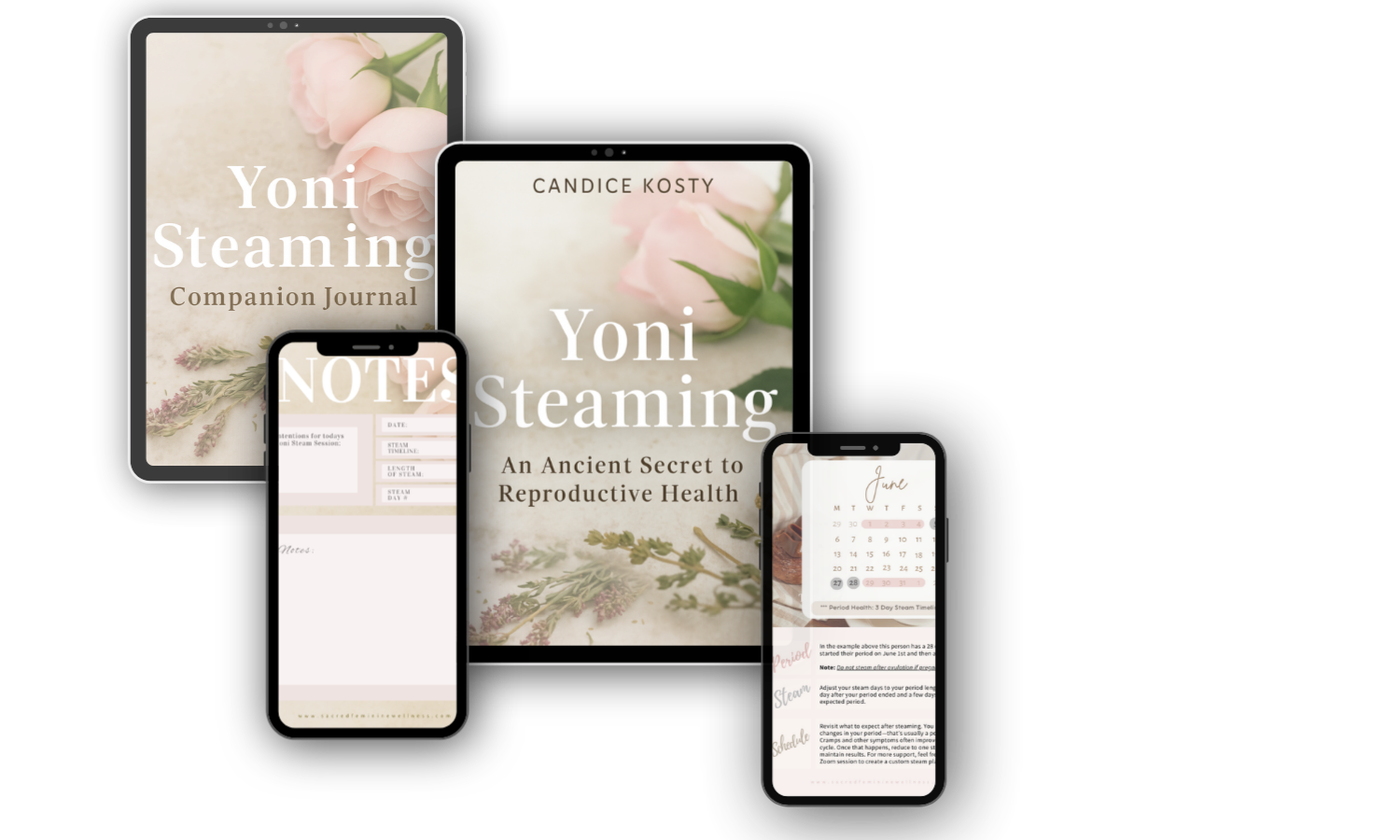 Multiple electronic devices showing book covers, pages with floral images and calendar information for "Yoni Steaming: An Ancient Secret to Reproductive Health" by Candice Kosti.