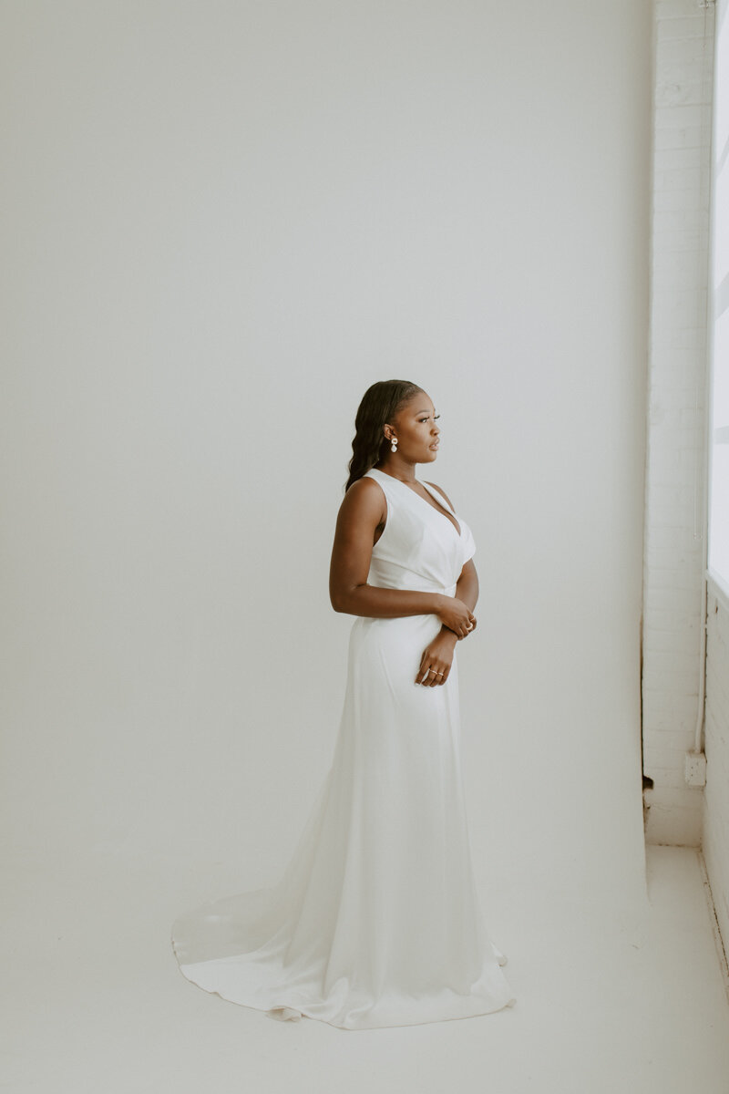  The Label RAIN wedding dress chic elegant styled wedding shoot with pearls by Abbey Rice Photography 