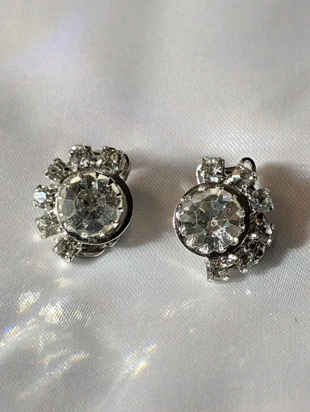 Vintage Continental Signed Silver Tone Clear Rhinestone Halo Clip On Earrings
