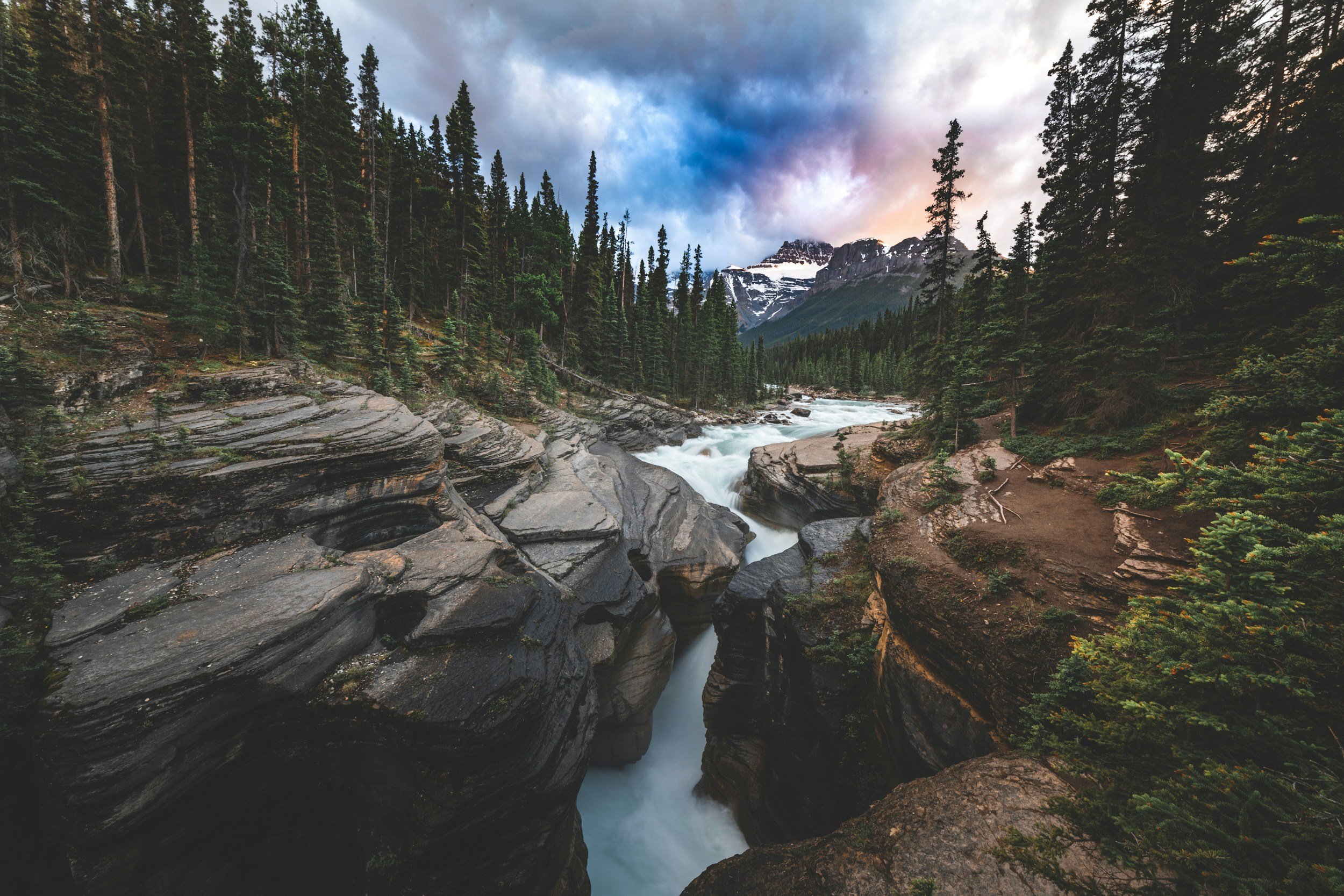 A mountain river flowing through a deep canyon surrounded by tall evergreen trees, with snow-capped mountains and a partly cloudy sky in the background.