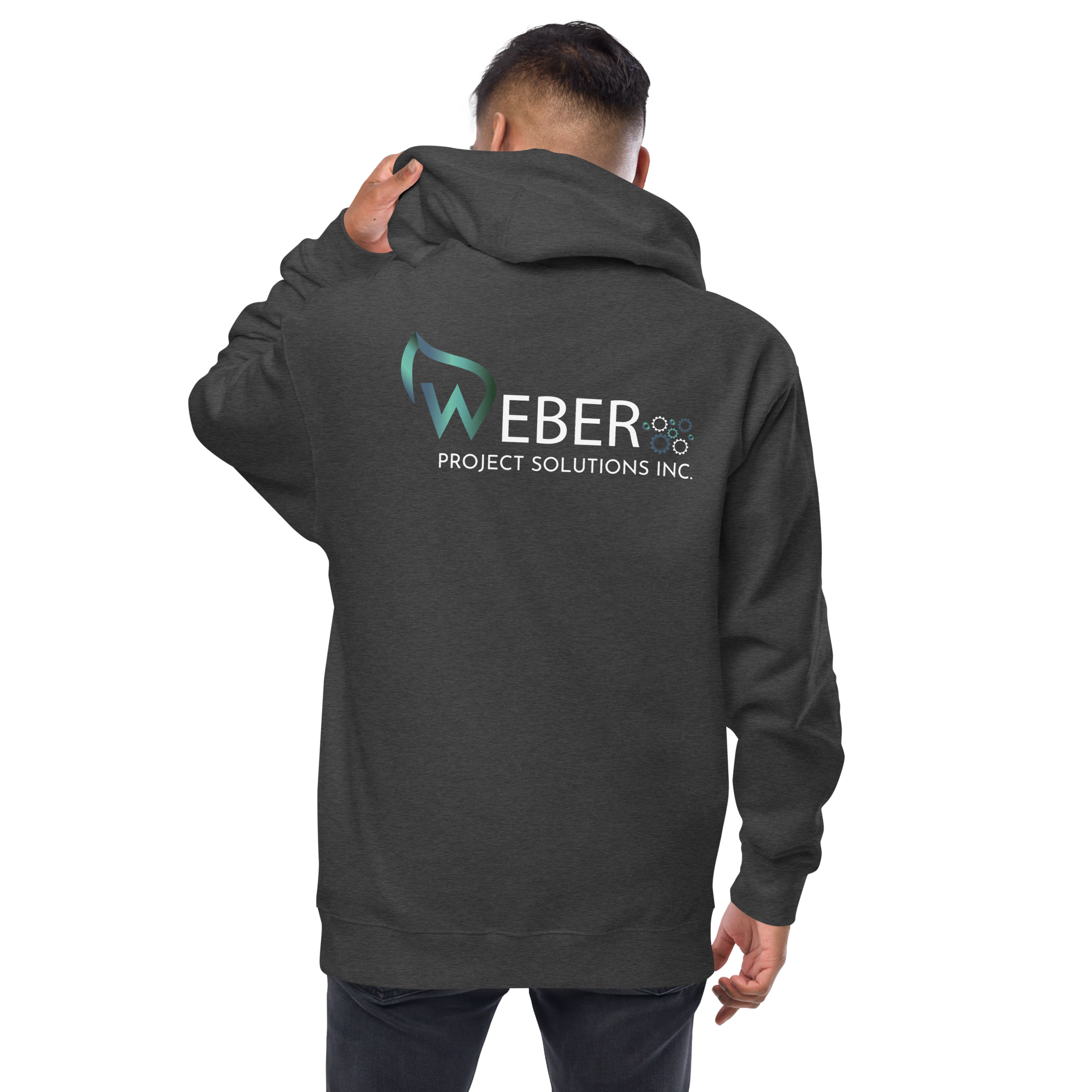 Back view of a man in a dark gray hoodie with a company logo on the back, holding the hood with his left hand.