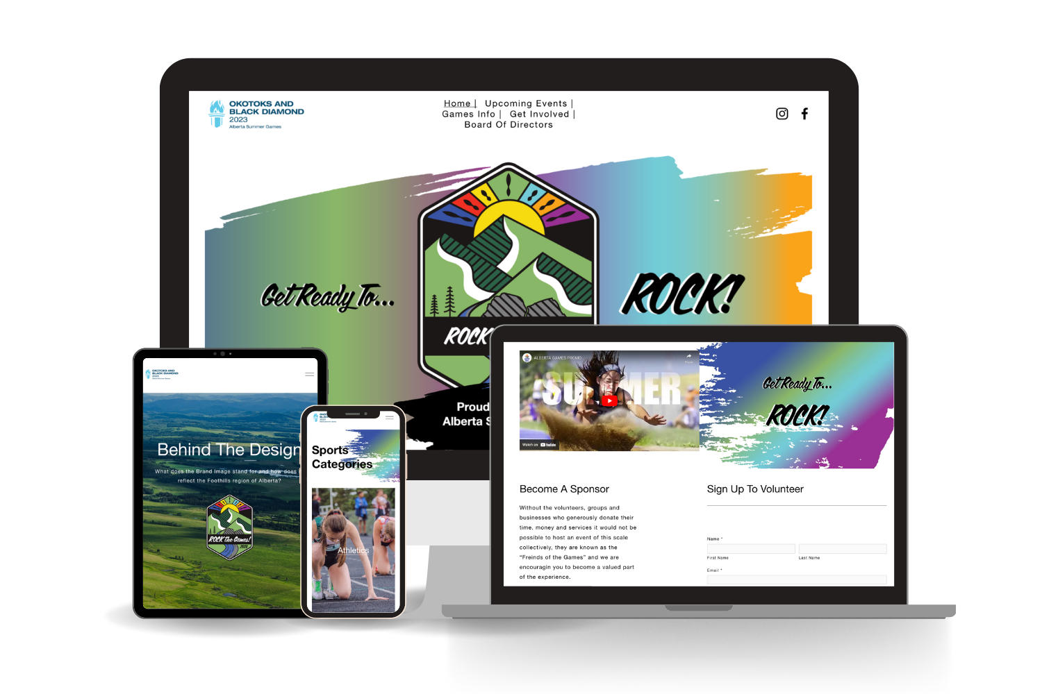 A website displayed on multiple devices including a tablet, smartphone, and laptop, promoting the Alberta Summer Games with text "Get Ready To... ROCK!" and various images of sports and scenery.