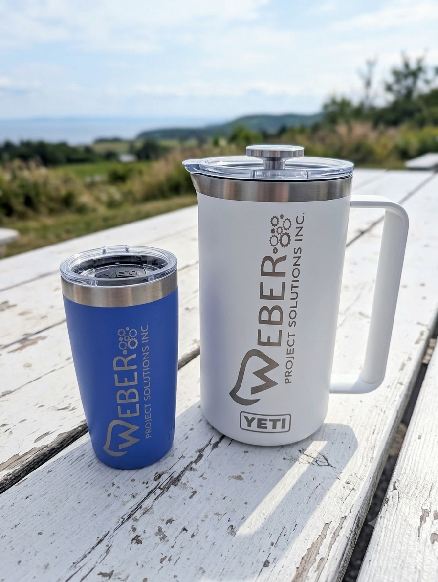 Two branded beverage containers, one blue and one white, with the Webber Project Solutions Inc. logo, placed on a white wooden surface outdoors with a landscape and sky in the background.