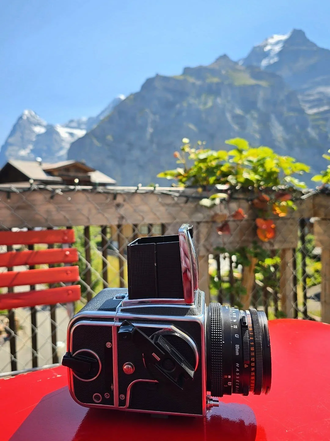 Hassy in the sky in Murren.  We chanced upon this restaurant just as they were opening for lunch with prime spot on the terrace for a killer view. It doesn't get much better than this 😍🇨🇭
...
#hasselblad #hasselblad500cm #filmphotography #filmisn