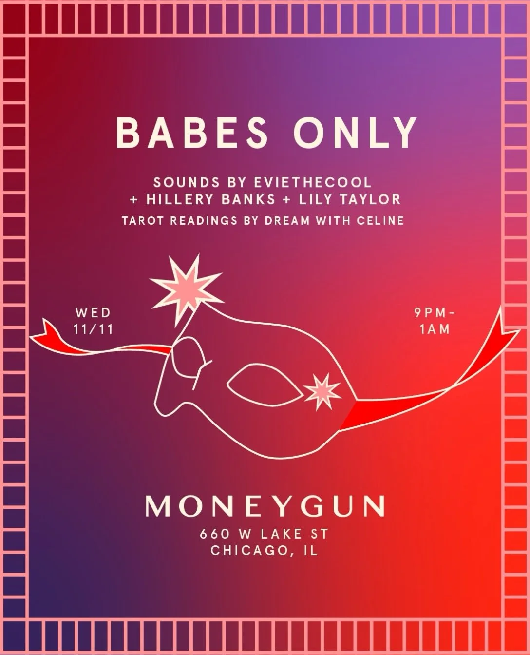 Join us at MONEYGUN for Babes Only. 💋

🎧Sounds by @eviethecool, @hillery.banks, &amp; @_lily_taylor_ 

🔮Tarot reading by Dream With Celine

Wednesday, November 11th. Music starts at 9pm.