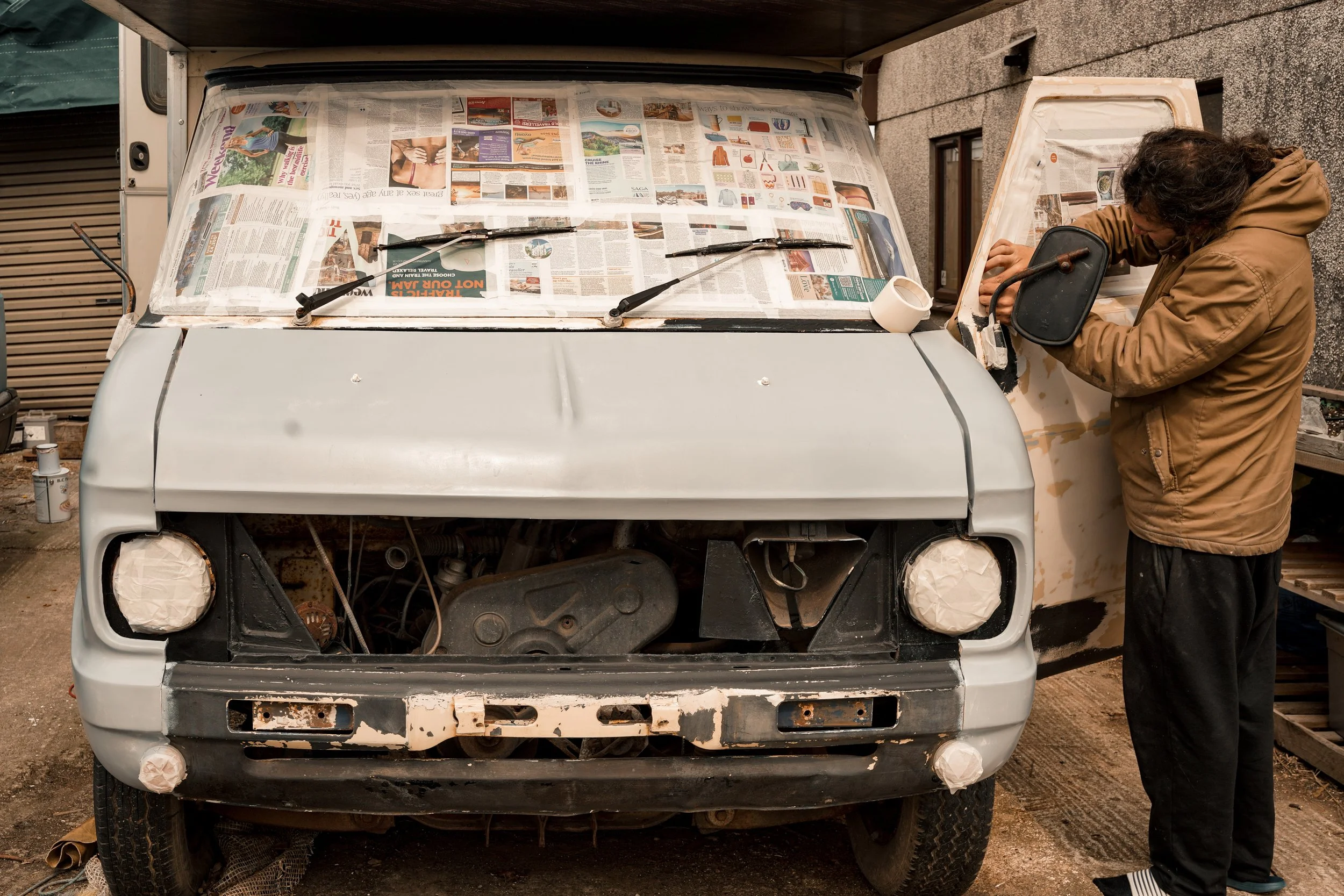 Masking prepping for DIY roller paint Bedford CF camper van
