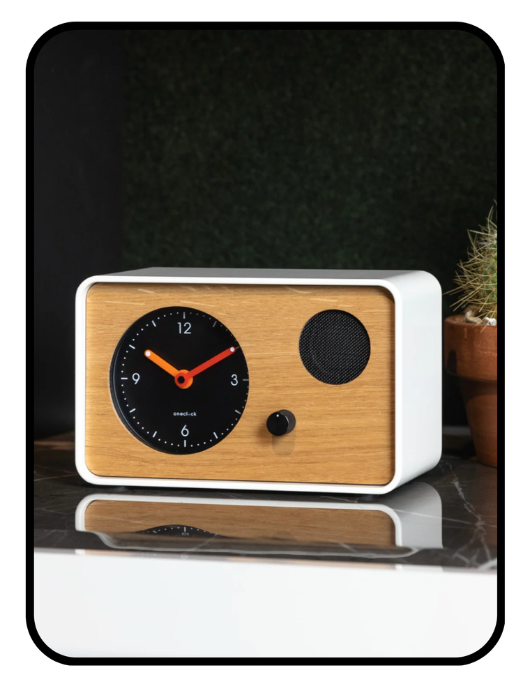OneClock analog alarm clock made with wood and metal for a phone-free bedroom